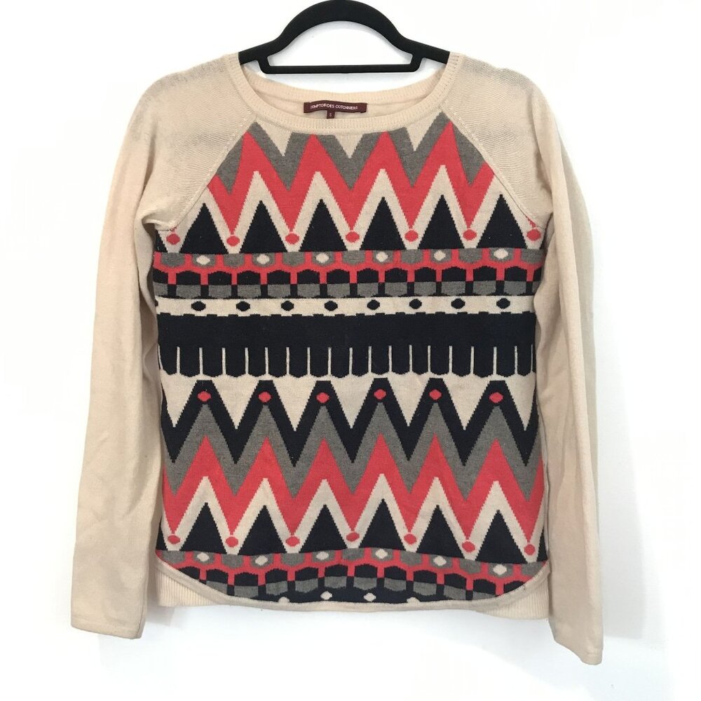 Comptoir Des Cotonniers Wool Blend Geometric Print Sweater Size S Beige & Red
